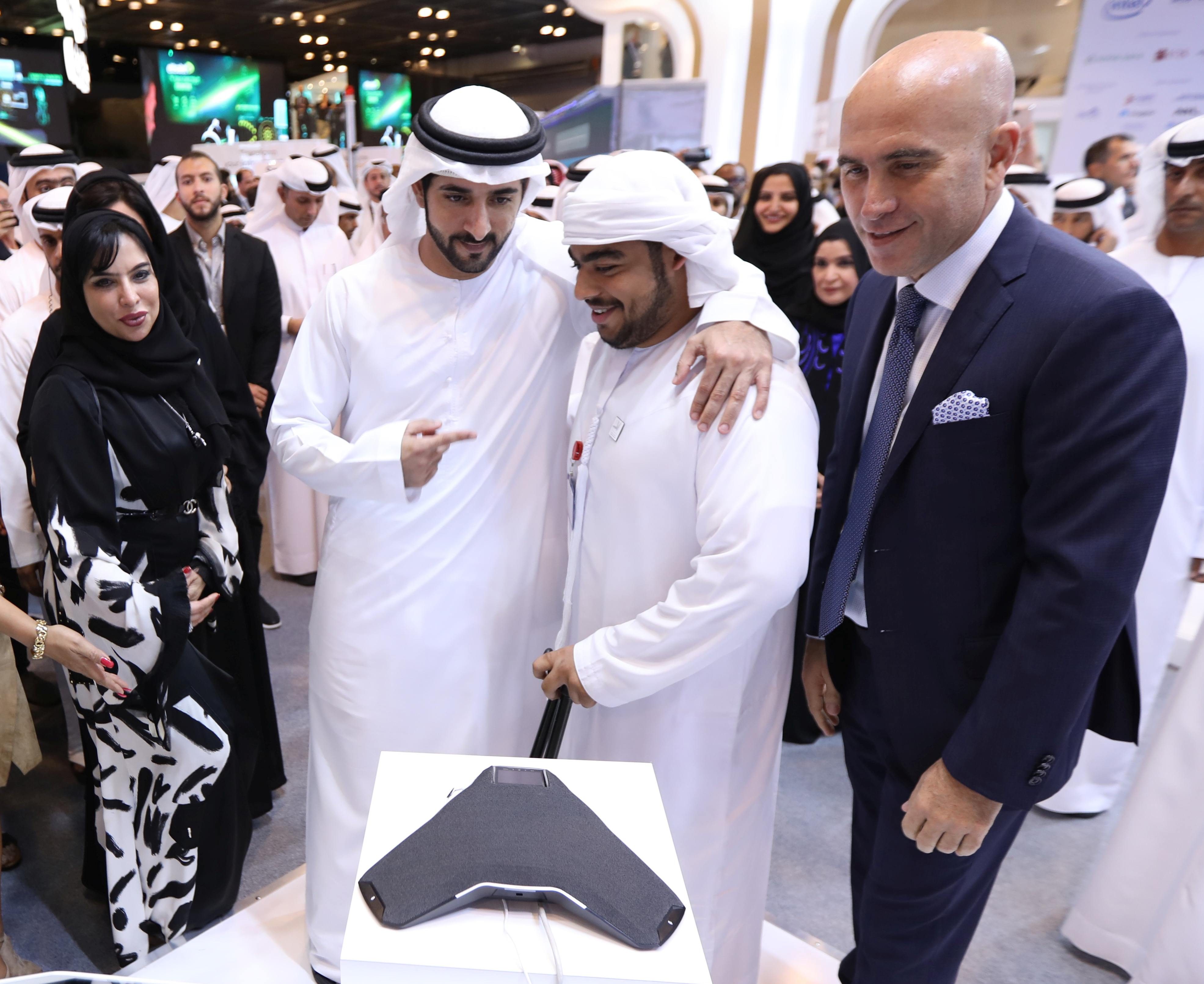 (L-R): Mariam Othman, Chief Executive Officer, Rashid Centre for People of Determination; H.H. Sheikh Hamdan bin Mohammed bin Rashid Al Maktoum, Crown Prince of Dubai and Chairman of Dubai Executive Council; student from Rashid Centre for People of Determination; Nidal Abou-Ltaif, President, Avaya International