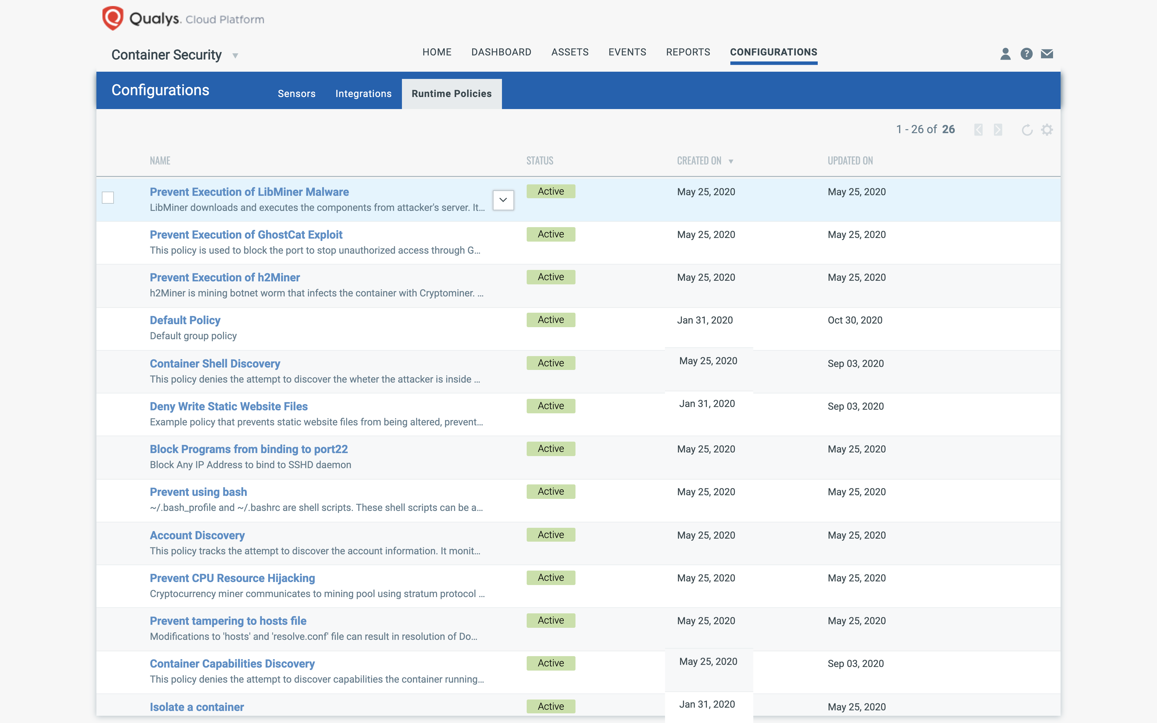 Qualys Container Runtime Security - create custom policies, use built-in policies or automatically generate policies from learned container behaviours