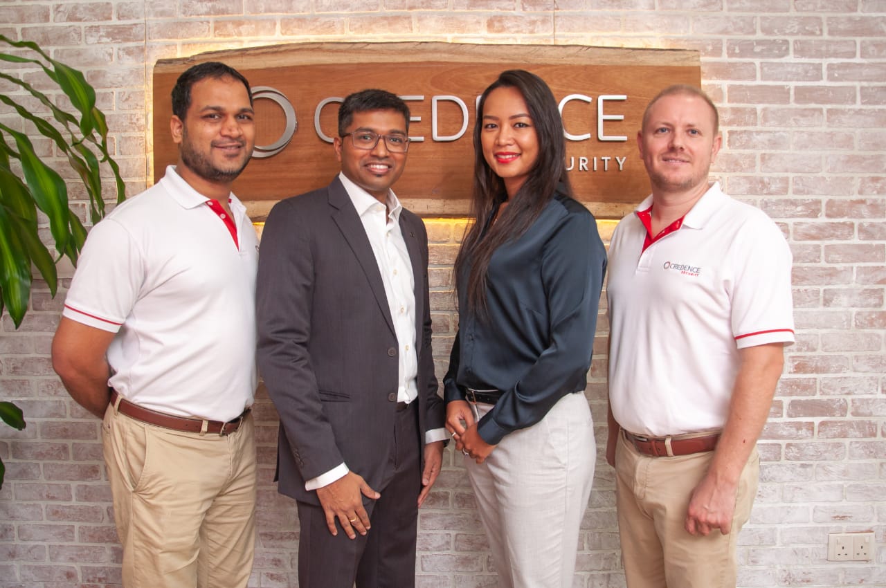 (L-R) Moe Bux, Sales Director, Credence Security, and Adhish Pillai, Practice Lead Cybersecurity, Finesse Direct, and Marie Ah-Choon, Channel Executive, Credence Security, and Garreth Scott, Managing Director, Credence Security